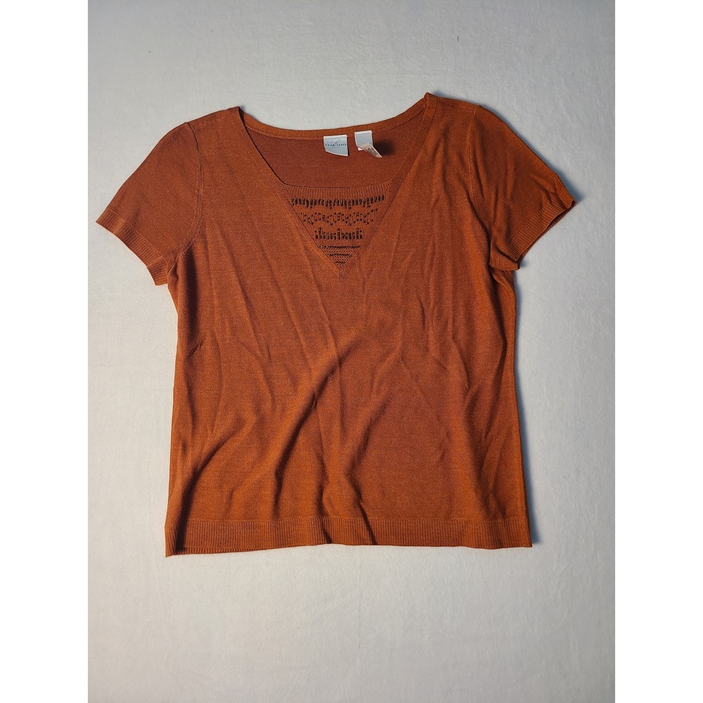 Emma James Knit Top Wm L Orange Silk Blend Beaded V-Neck Short Sleeve Minimal